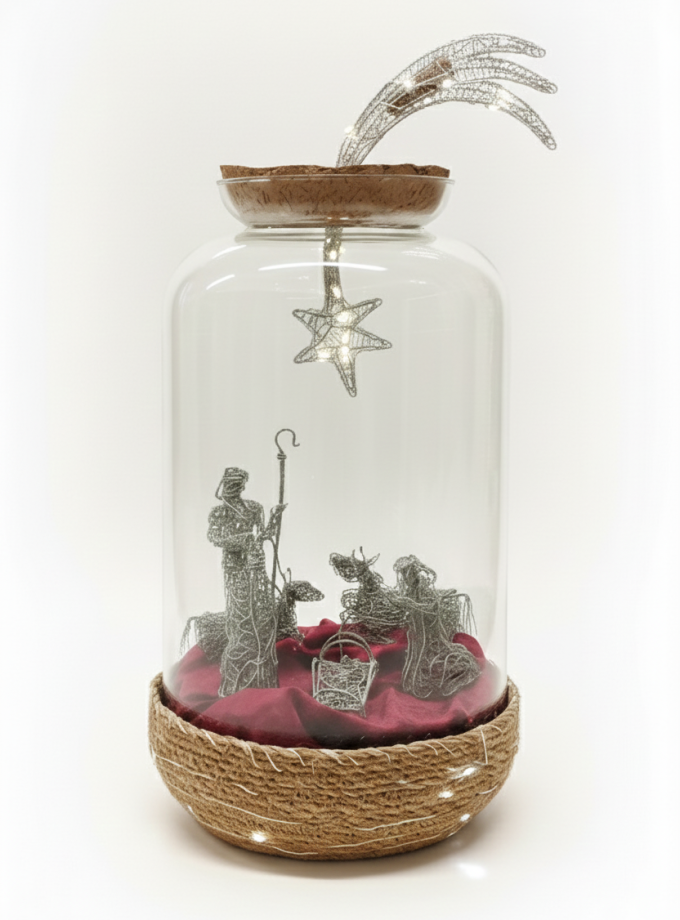 Handcrafted Wire Nativity Scene in Glass Dome